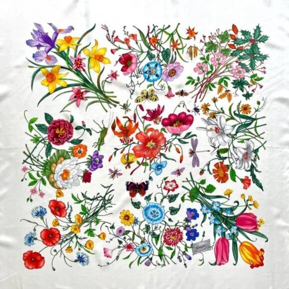 GUCCI SILK SCARF FLOWER PRINT GG LOGO FLORAL WHITE MULTICOLOR WRAP - Picture 3 of 11